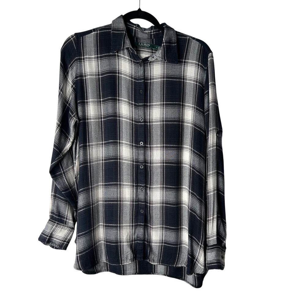 Lauren Ralph‎ Lauren Top Size L Black White Plaid Check Viscose Button Up Blouse